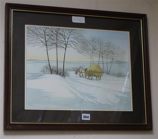 Colour print, Snow scene of a horse and hay cart signed Maney, 31 x 41cm